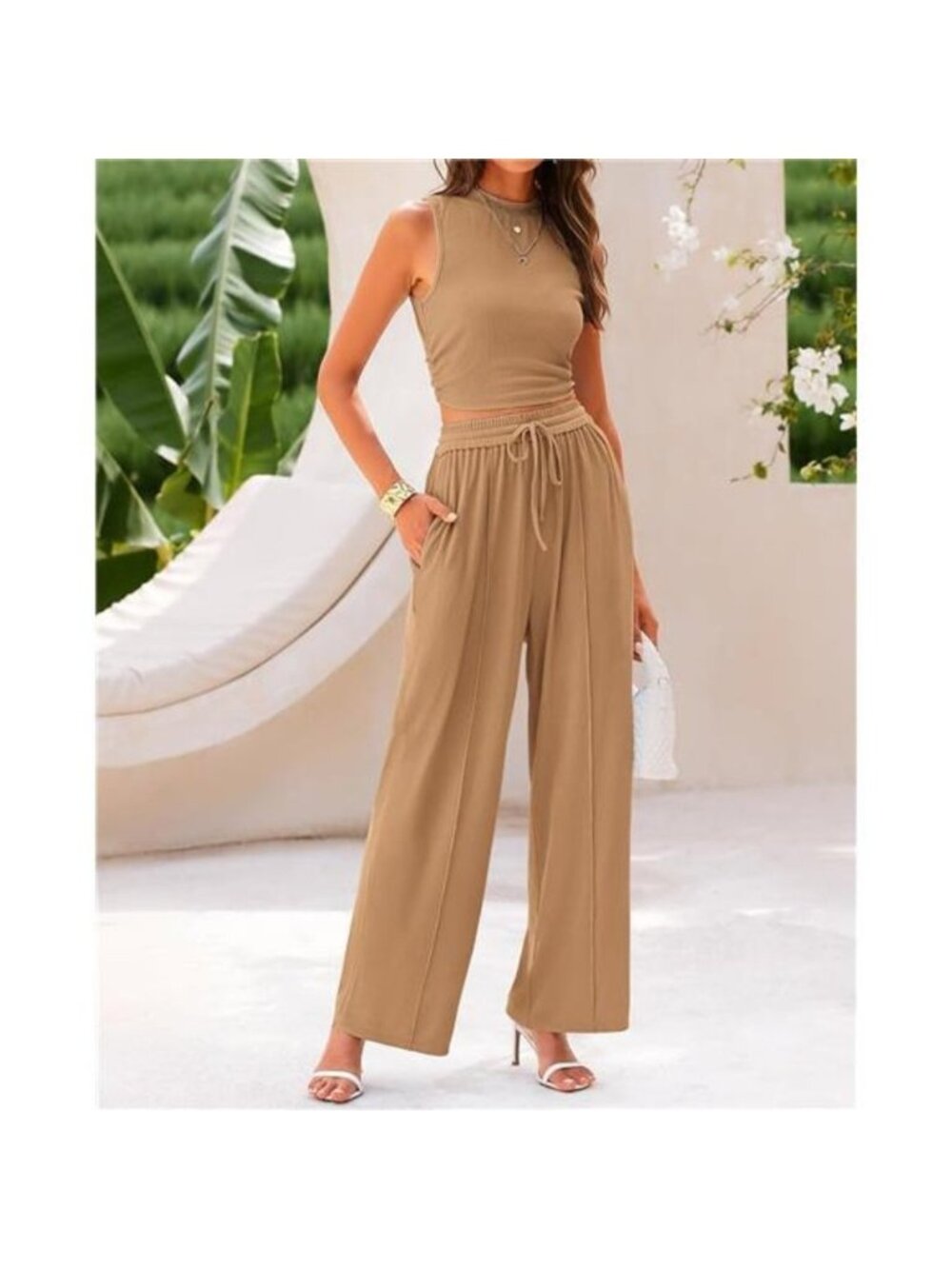 Women's Summer 2 Piece Outfits Crew Neck Cropped Top Wide Leg Pants Loun… - Picture 4 of 7